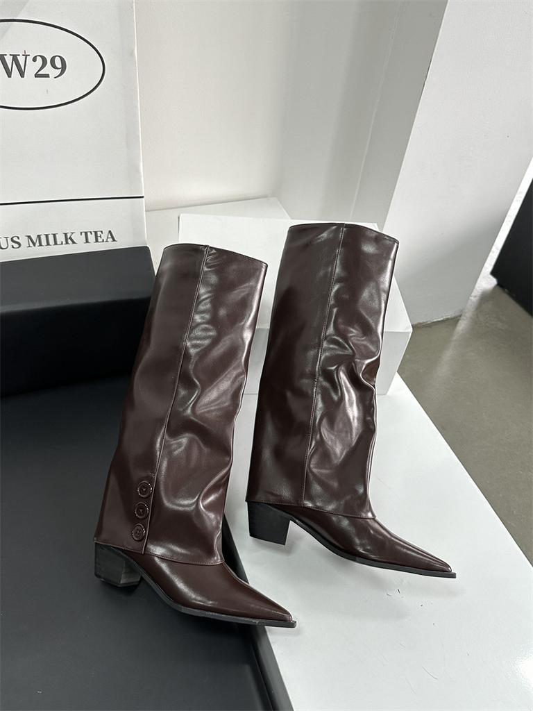 IPPEUM Коричневые ковбойские сапоги до колена для женщин, обувь на массивном каблуке, новые женские сапоги-трубы 2024