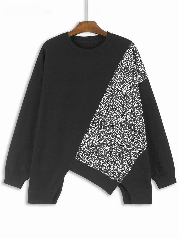 Xitao Леопардовый принт пэчворк асимметричная толстовка ZYY1020