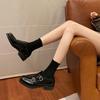 Cowhide Version~ Retro Engraved Block Leather Platform Small Leather Shoes Women's One-pedal Lazy Belt Buckle Loafers
