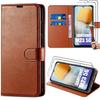 2 Tempered Glasses + Case for Samsung Galaxy M23 5G Brown Shockproof Leather Effect 360° Protection