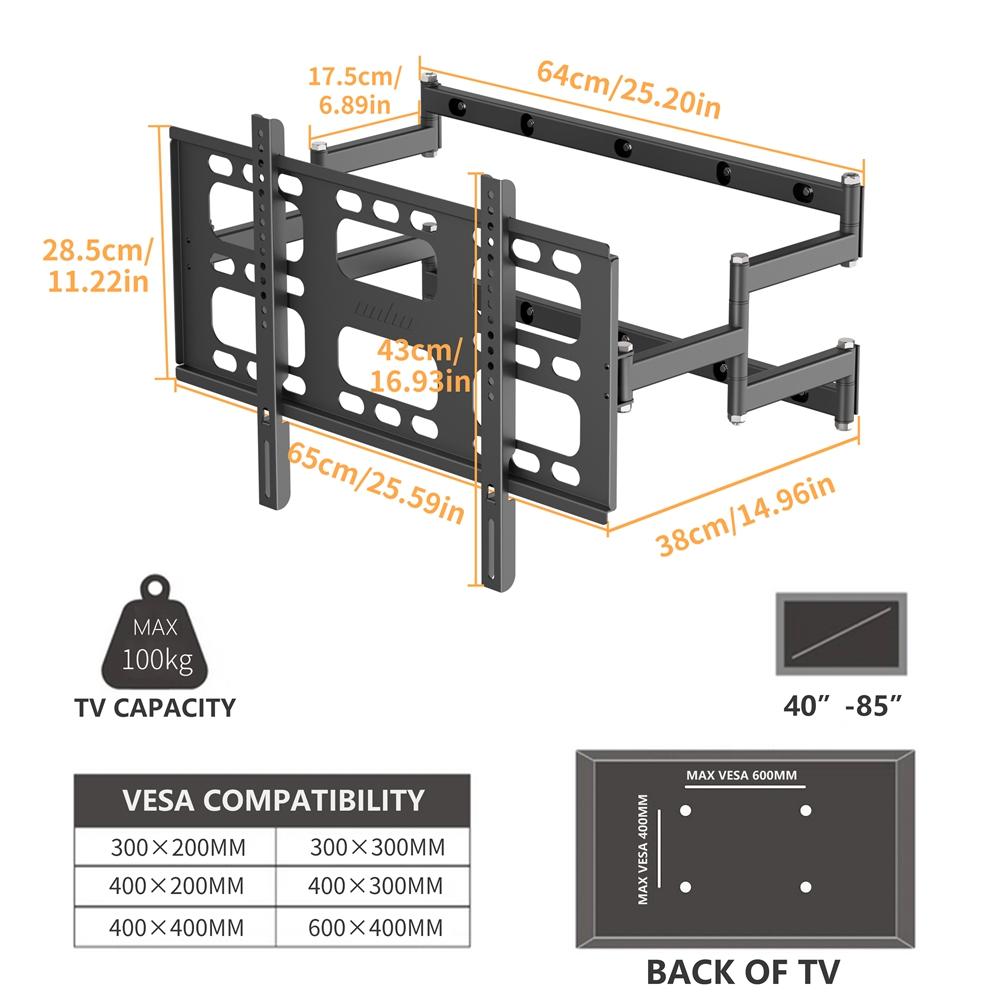 Full Motion TV Wall Mount Bracket for 55-100 Inch LED Flat Screen TVs Monitors, Heavy Duty Dual Articulating Arms up to 120KG
