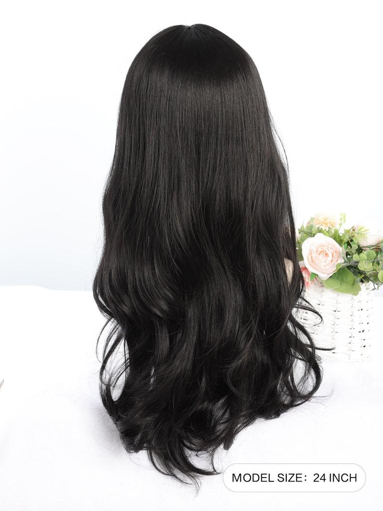 Синтетический парик Длинный натуральный волнистый ЧЕРНЫЙ 24-дюймовый парик с челкой Женский термостойкий парик из натуральных волос для повседневного косплея Хэллоуина Парики для вечеринок