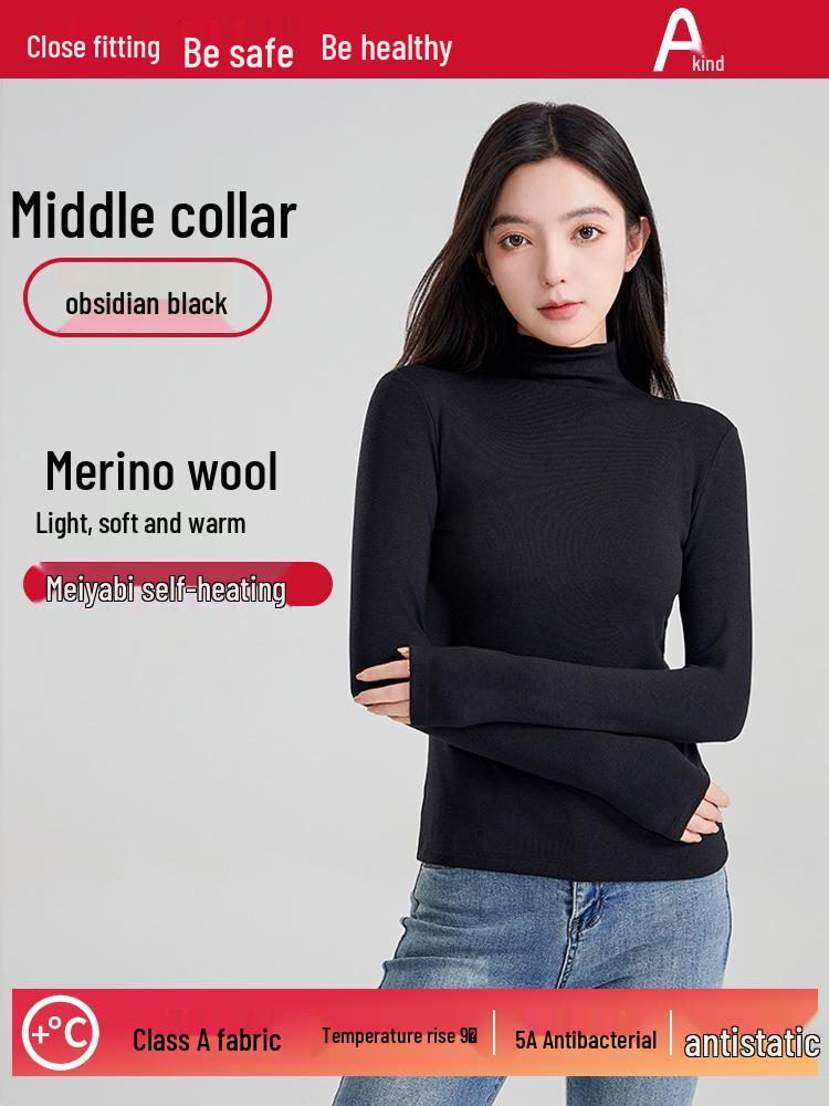 Wool Mid-Neck Slim Fit Women's Long-Sleeve Top, Versatile Autumn/Winter Layering, Warm & Cozy