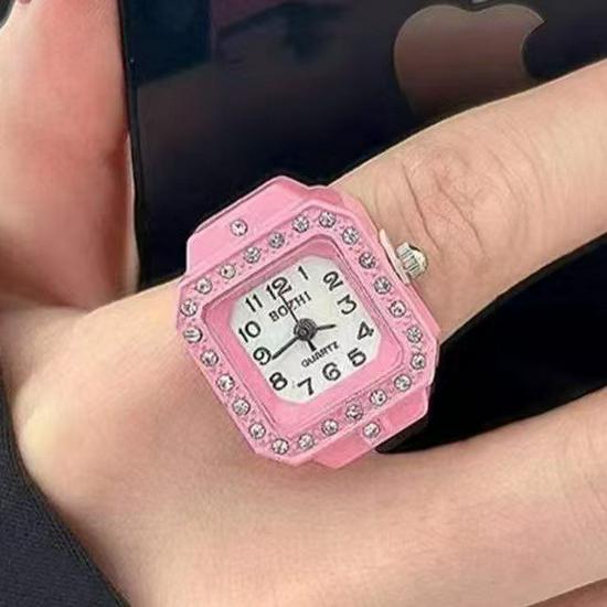 Кварцевые часы-кольцо со стразами и металлическим эластичным браслетом