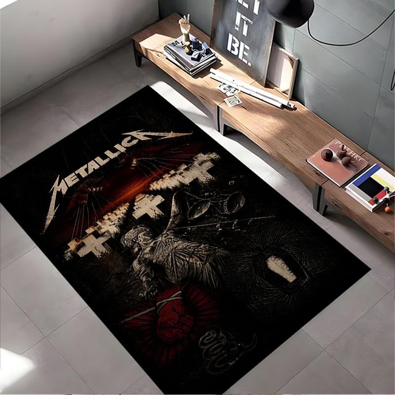 Rock Music Area Rug, Metallica Master of Puppets Cross Cemetery Justice Statue Dark Print, Man Cave Decor, Non-Slip Mat