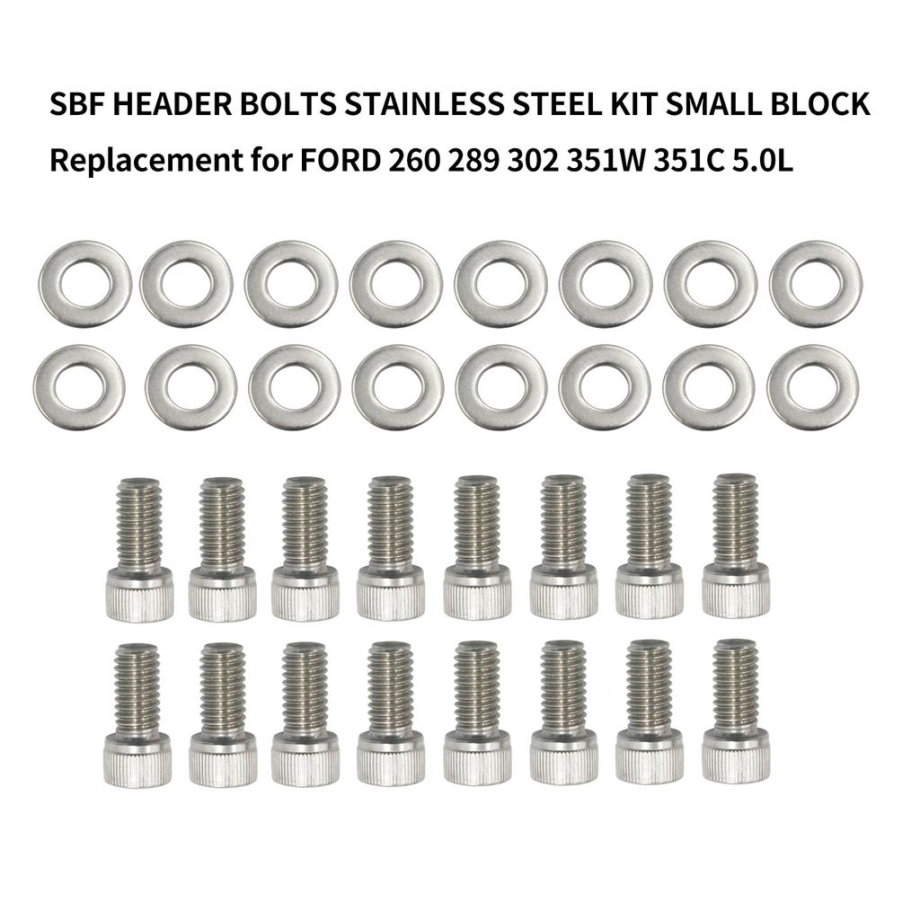 SBF HEADER BOLTS STAINLESS STEEL KIT SMALL BLOCK Replacement for FORD 260 289 302 351W 351C 5.0L