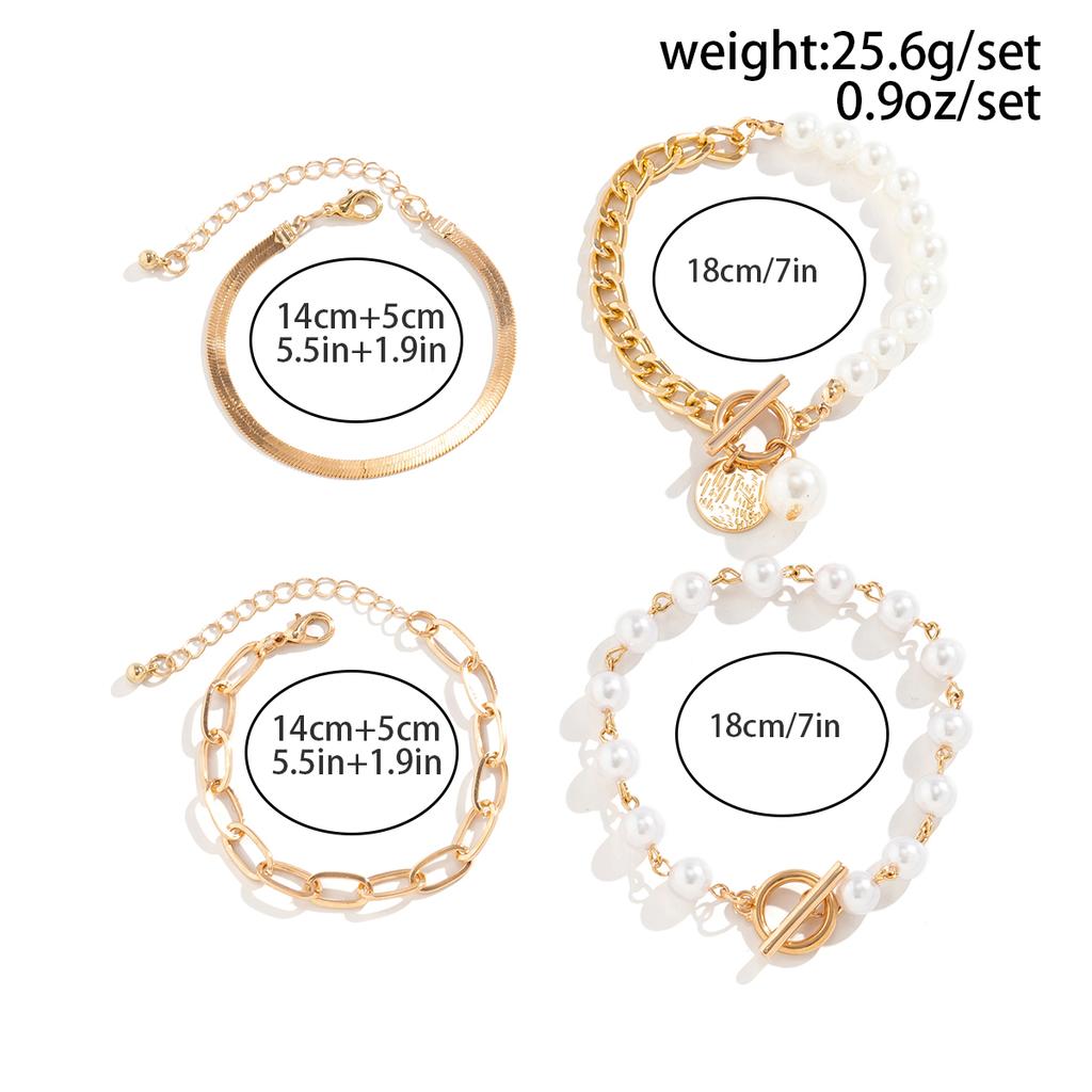 Ingemark Boho Imitation Pearl Chain Coin Pendant Bracelets Set for Women on Hand Vintage Snake Link Bangles Couple Wrist Jewelry