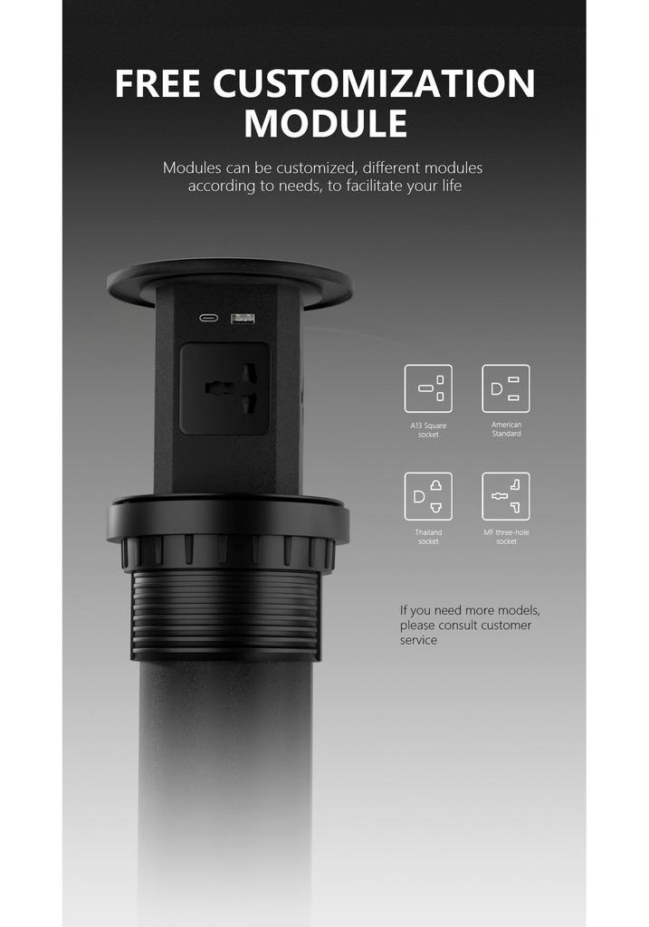 Black Multi-function Desktop Hydraulic Lift Socket with 18W USB A+C Fast Charging & 15A Wireless Charger, 250V.