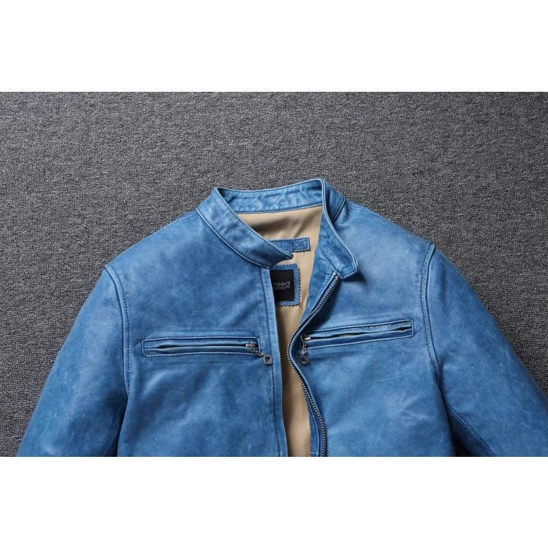 Китайский размер винтажная синяя натуральная воловья кожаная мужская куртка тонкая короткая кожаная куртка для мальчика мужская одежда весна осень