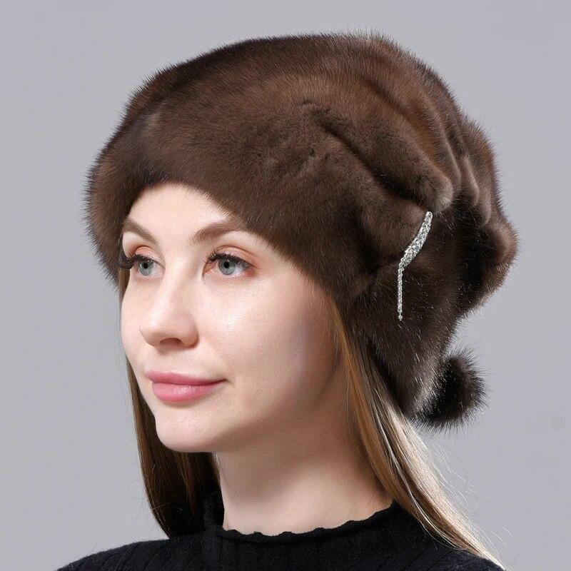 Fur Hats Women Winter Stylish Warm Natural Mink Fur Luxury Caps Windproof Anti Cold Snow Ball Diamond Hat