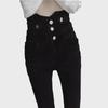 Женские черные узкие джинсы-карандаш с высокой талией и множеством пуговиц