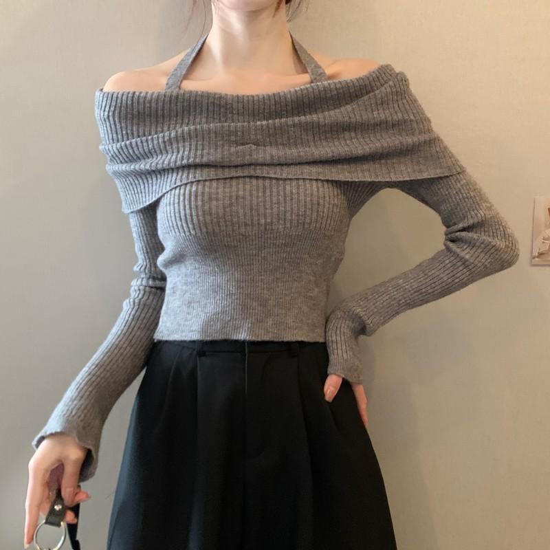 Осенне-зимние сексуальные женские свитера с разрезом на плече, с длинным рукавом, облегающие трикотажные свитера, топы, женские пуловеры с открытыми плечами, трикотажные изделия 24952