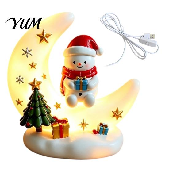 Snowman Table Centerpieces Christmas Moon Night Light with Santa Claus, Resin Decoration Warm LED Ornaments Glow, Holiday Tabletop Ornament