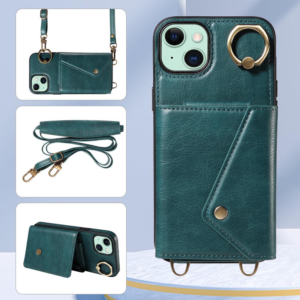 Для iPhone 15 серии. Для iPhone 15, 15 Plus, 15 Pro, 15 Pro Max плечевой ремень веревка кольцо кронштейн дизайн держатель для карт слоты личи узор чехол для телефона