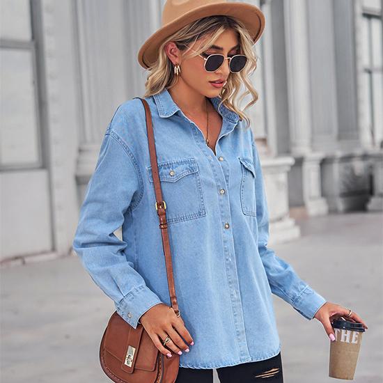 Светлый цвет, тонкая джинсовая повседневная рубашка с длинными рукавами в европейском и американском стиле, модная женская одежда