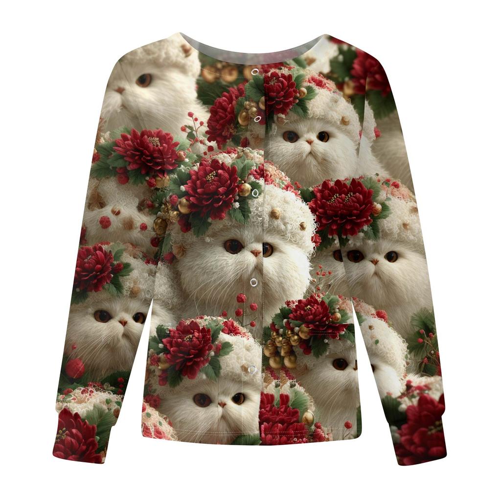 Women's Casual Fashion Long-Sleeve Single-Breasted Christmas Print Jacket
