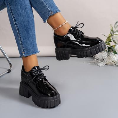 Lucyever Лаковые туфли-лоферы на массивной подошве для женщин Весенние туфли-лодочки на платформе со шнуровкой Женские удобные туфли на толстой подошве для студентов