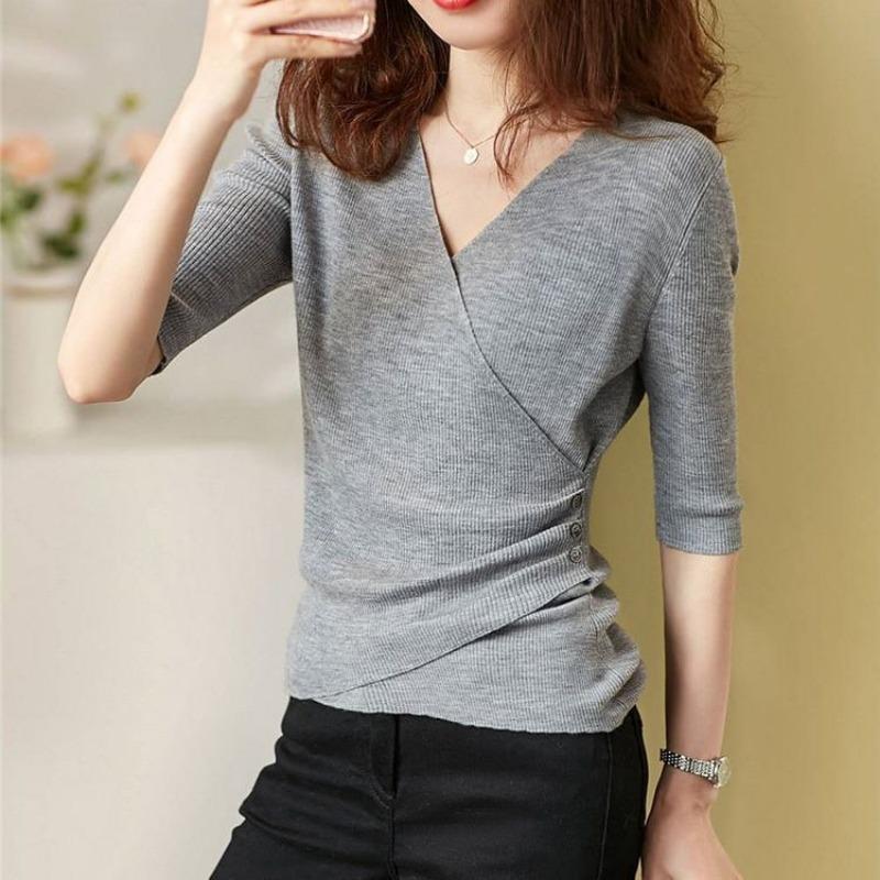 Women S V Neck Long Sleeve Irregular Knit Top Basic Inner Wear