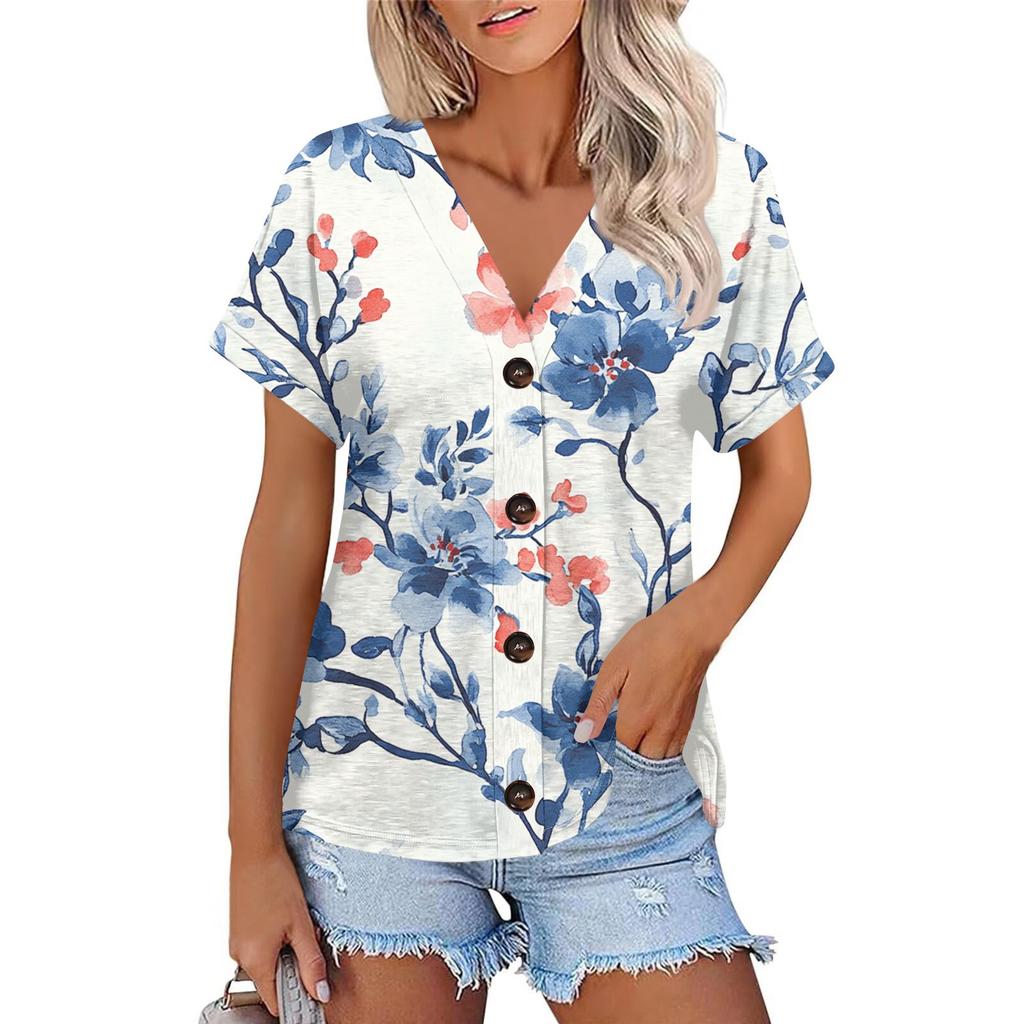 Женская мода с короткими рукавами и V-образным вырезом, повседневная футболка с пуговицами