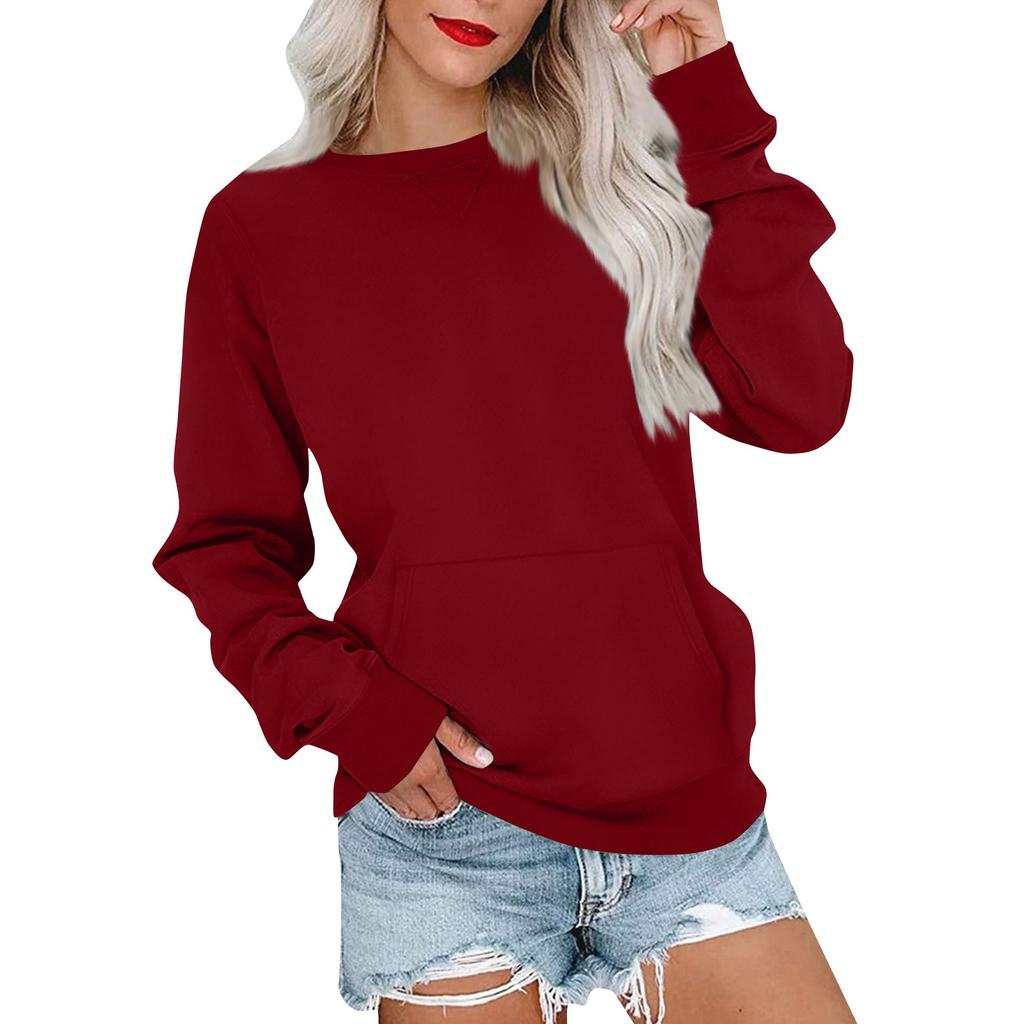 Women's Casual Fashion Comfortable Long Sleeve Solid Color Round Neck Pocket Sweater Tops