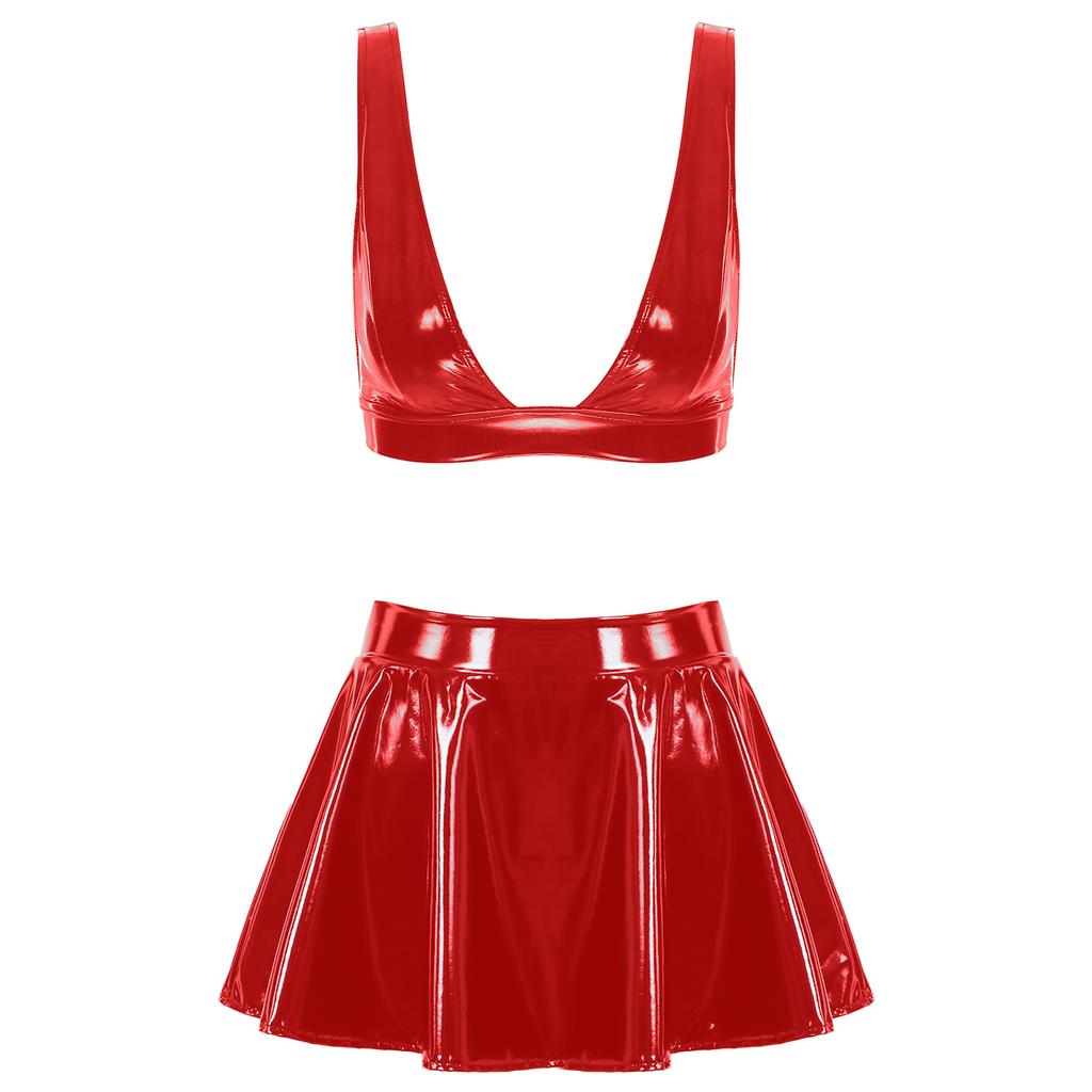 Женский сексуальный бюстгальтер из лакированной кожи из 2 предметов с расклешенными мини-юбками, комплекты клубной одежды для вечеринок Rave Dance