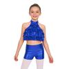 Girls Mock Neck Sleeveless Sequin Crop Top Tiered Shiny Metallic Shorts Stage Dance Outfit