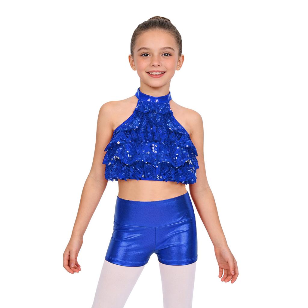 Girls Mock Neck Sleeveless Sequin Crop Top Tiered Shiny Metallic Shorts Stage Dance Outfit