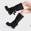 Punk Style Rivets Belt Buckle Design Knee Boots Women Fashion Round Toe Narrow Band Knight Boots Comfort Non-slip Platform Boots