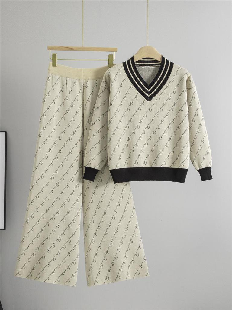 Женский осенне-зимний комплект в полоску: вязаный свитер и брюки-палаццо - стиль «маленький аромат», повседневная спортивная одежда