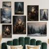 Winter Pine Forest Santa Claus Rustic Landscape Poster  Christmas Canvas Painting, Dark Academia, Antique Vintage Home  Decor