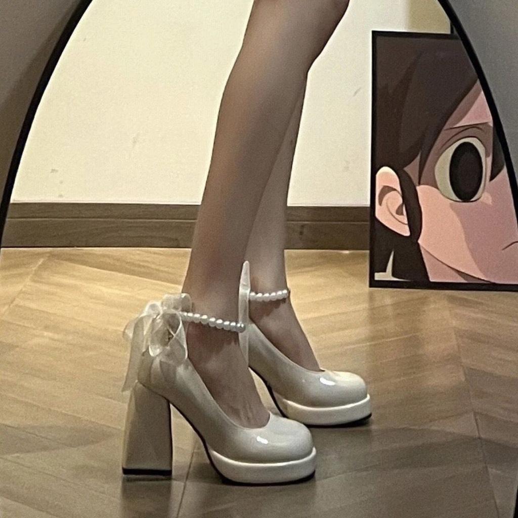 Туфли Мэри Джейн на толстом каблуке, женские, весна-лето 2024, дизайн с жемчугом, однословная пряжка, ремешок, ниша, французские, одинарные туфли