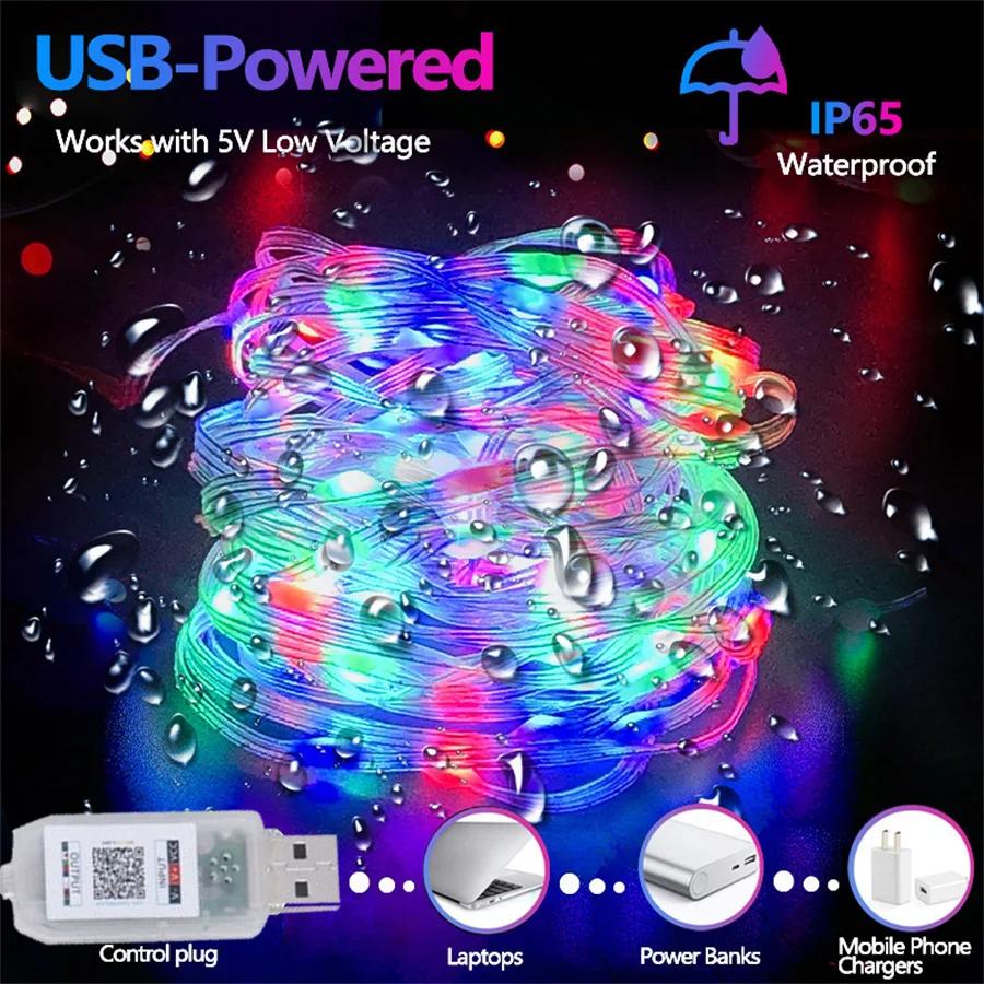 USB WS2812B RGBIC Светодиодная гирлянда Bluetooth Синхронизация с музыкой Изменение цвета Водонепроницаемая гирлянда Для дома Праздничной вечеринки Декор Освещение