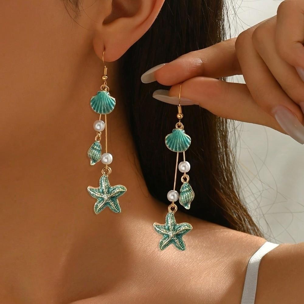 Bohemian Style Alloy Starfish Drop Earrings Conch Shell Long Tassel Earrings Geometric Shape Elegant Enamel Earrings Vacation