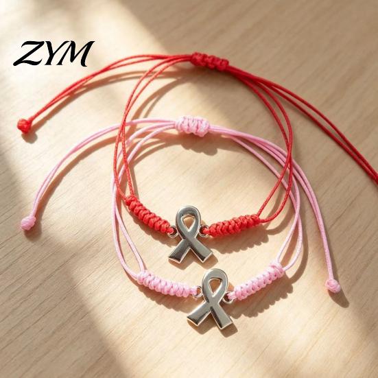 Flexible Knot String Bracelet 2PCS Hand-woven Braided Bracelets with Metal Ribbon Pendant, Adjustable Cord Awareness Charity Event Commemorative