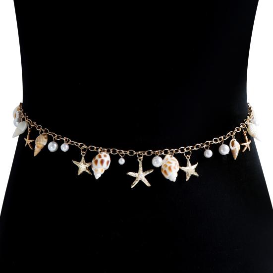 Bohemia Style Beach Waist Chain Imitation Pearl Starfish Conch Charm Vacation Body Chain Belly Chain Jewelry Gift