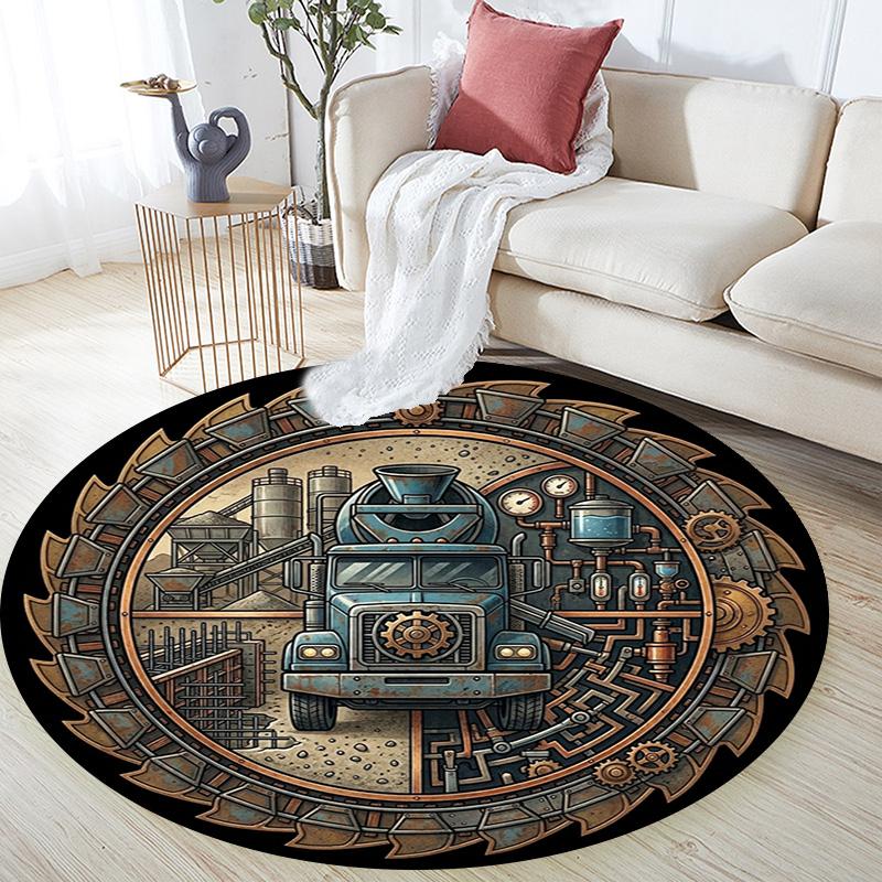 Industrial Gear Truck Art Round Area Rug Under Office Chairs Bedroom Living Room Home Decor