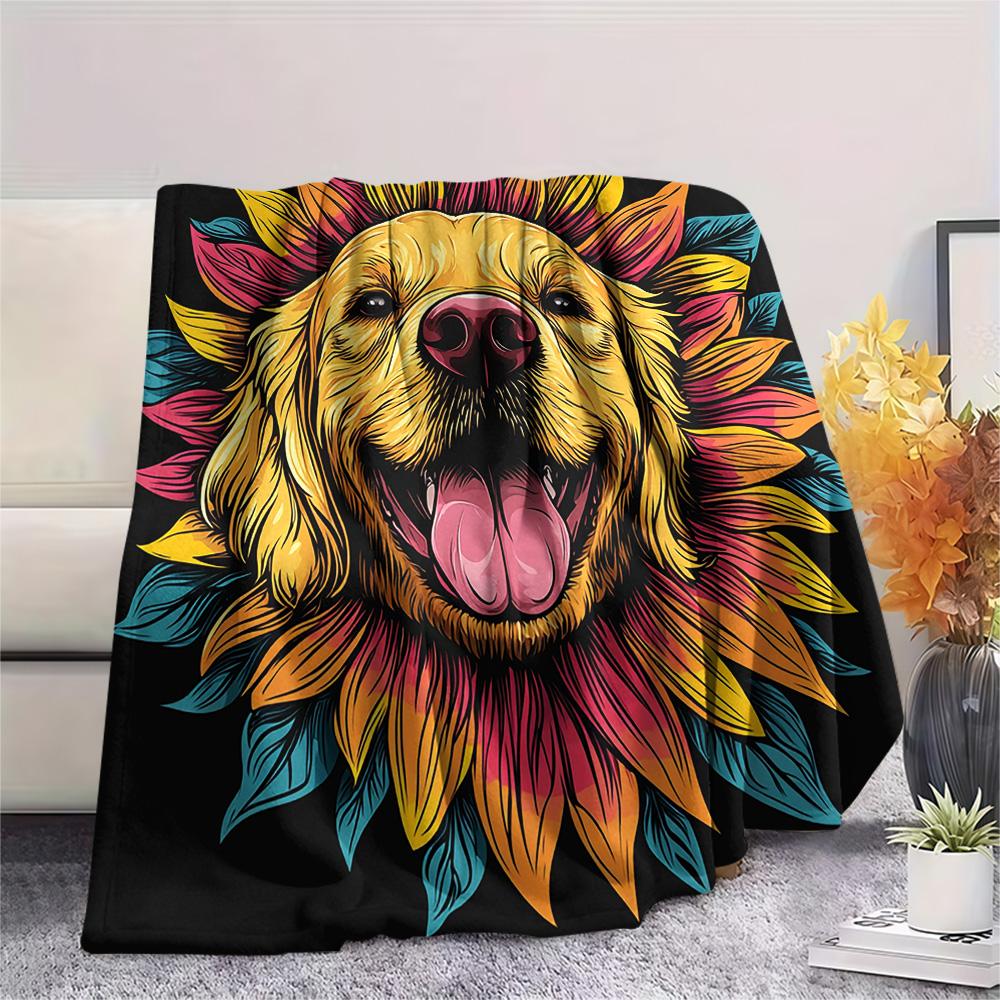 Sunflower Dog Print Flannel Blanket, High quality Comfortable for All Seasons, Home Decor, Warmth and Comfort, Perfect for Christmas Gifts