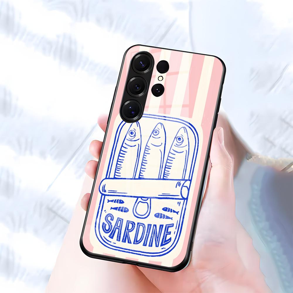 Чехол для телефона 'Банка сардин' с кленовым листом для Samsung S26 S25 S24 FE S23 S22 S21 Plus S20 Ultra Note20Ultra Черная стеклянная крышка