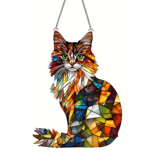Cat Stained Art Ornament Acrylic Window Hanging Sun Catcher Colorful Cat Panel Wall Hanging Art Decor for Cat Lovers