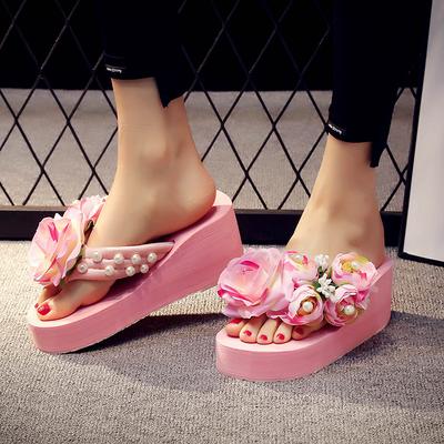 Модные женские летние тапочки на высоком каблуке 5 см, женские шлепанцы с блестками и цветами, праздничные дышащие нескользящие тапочки для отдыха на открытом воздухе, пляжная обувь