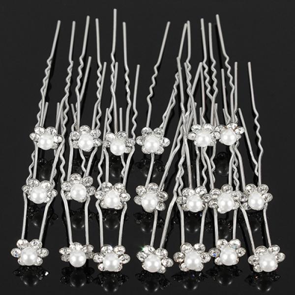 20Pcs Wedding Bridal Faux Pearl Rhinestone Flower Hair Stick Pins Clips Silver Color Jewelry ARI