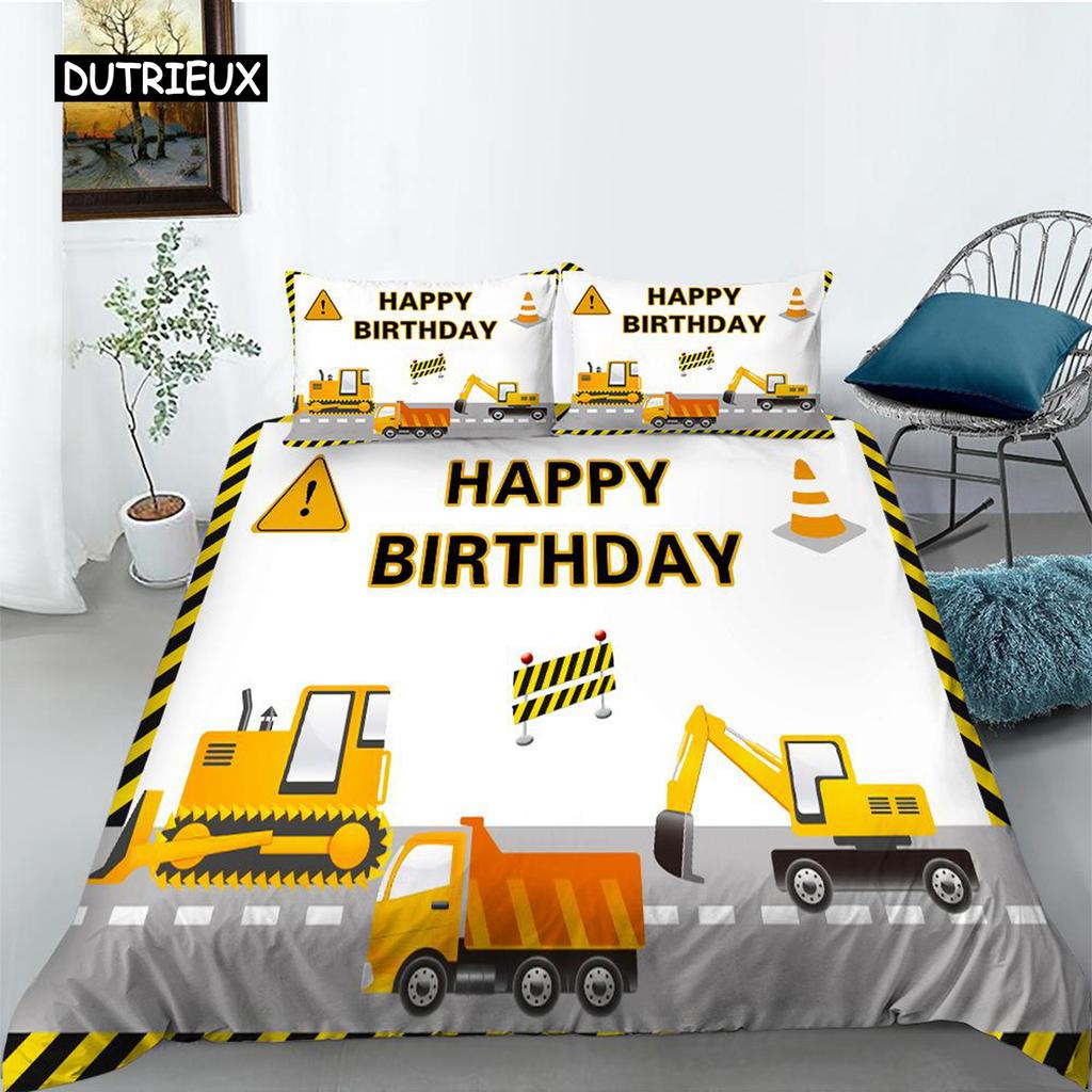 Construction Truck Duvet Cover Microfiber Cartoon Construction Vehicle Print Bedding Set Gift Happy Birthday Pattern Quilt Cover
