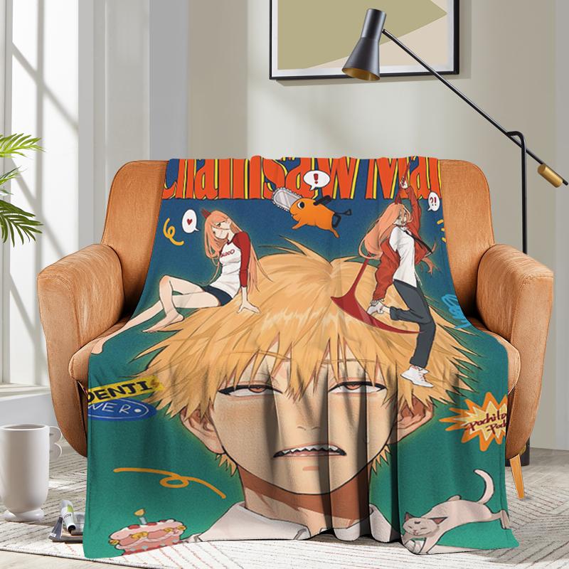 Anime Flannel Blanket Sofa Chainsaw Man Microfiber Bedding Bed Fleece Camping Warm Winter King Size Fluffy Soft Blankets