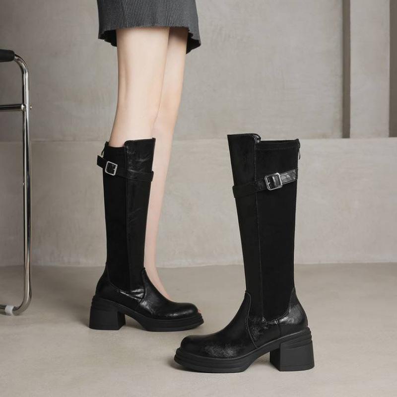 Новые женские ботинки Мартина на толстой подошве с задней молнией, однотонные, с круглым носком, на высоком каблуке, больших размеров, кожаные ботинки, осенне-зимние, на квадратном каблуке, высокие