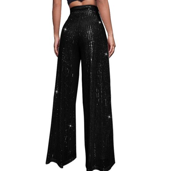 Women Nightclub Long Pants High Waist Sparkling Sequined Straight Wide Leg Pants Elastic Waist Loose Fit Solid Color Trousers