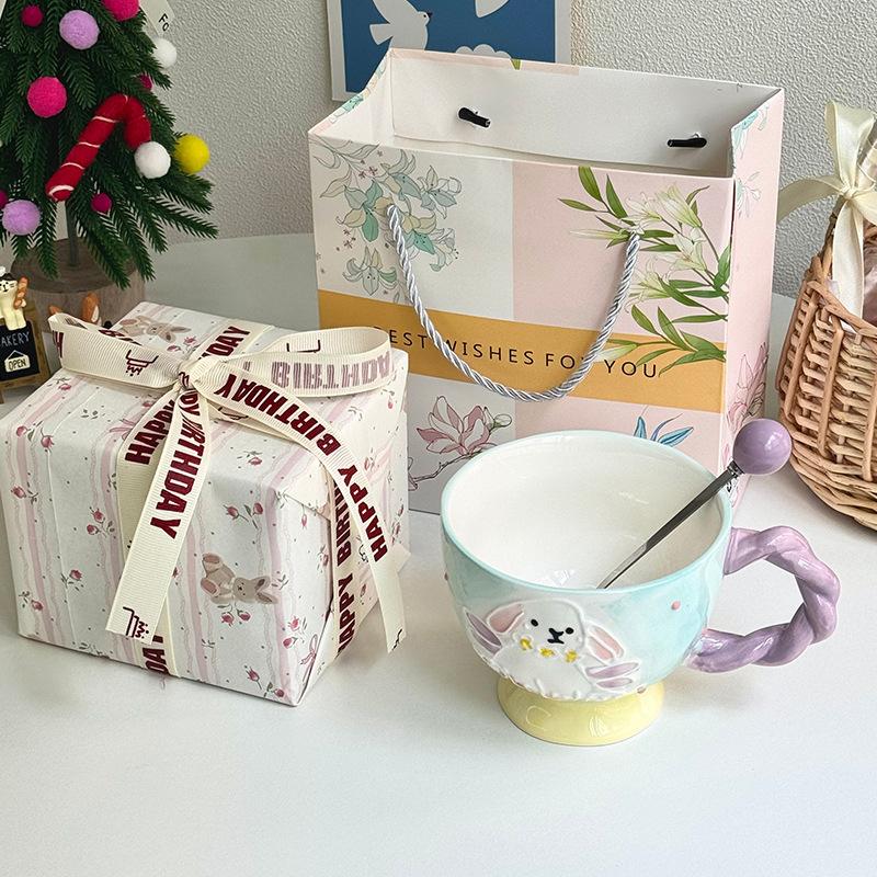 Милая керамическая кружка с тиснением в виде кролика, подглазурная цветная чаша, офисная чашка для молока и завтрака, подарок на день рождения для женщин