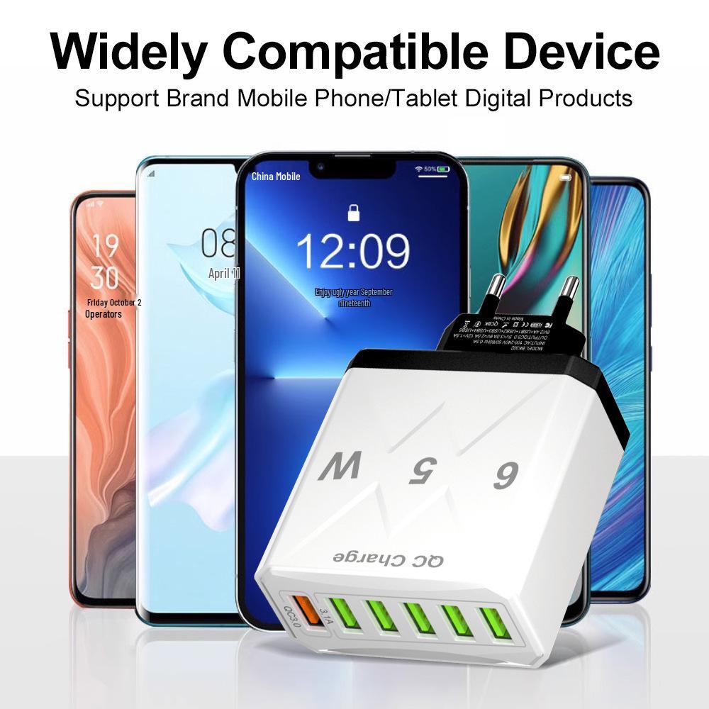 Высокомощное 6-портовое USB-зарядное устройство 65 Вт для мобильных телефонов (Стандарт США/ЕС/Великобритании)
