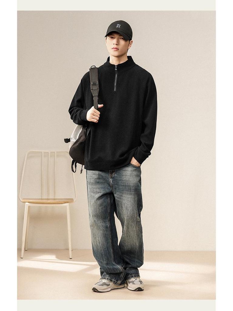 Men's Retro Half-Zip Hoodie: Trendy, Loose-Fit Stand Collar Pullover