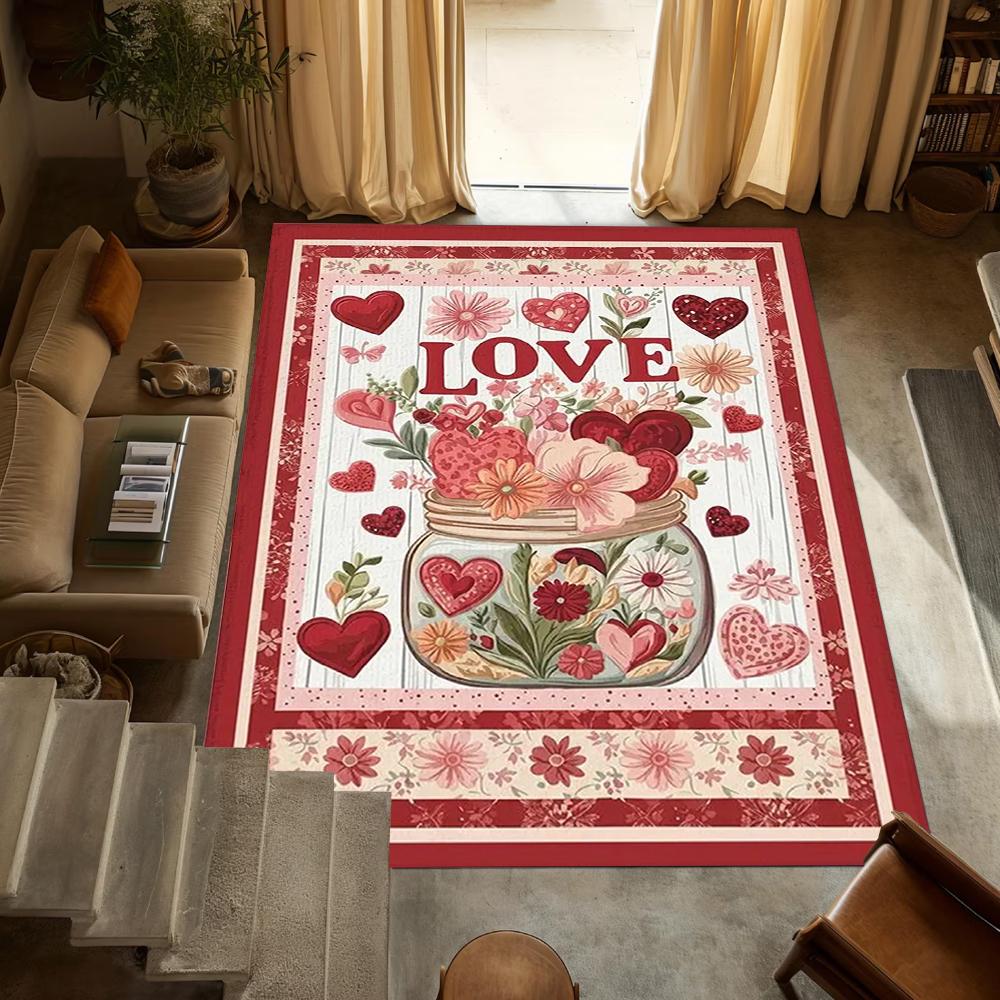 Valentine's Day Carpet Highland Cow Cat Love Printed Decorative Door Mat Entrance Living Room Bedroom Festive Atmosphere Rug