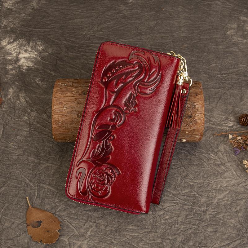 Кошелек ручной работы для женщин, большой емкости, первый слой из коровьей кожи, тисненый кошелек для монет, сумка для удостоверения личности с несколькими карточками